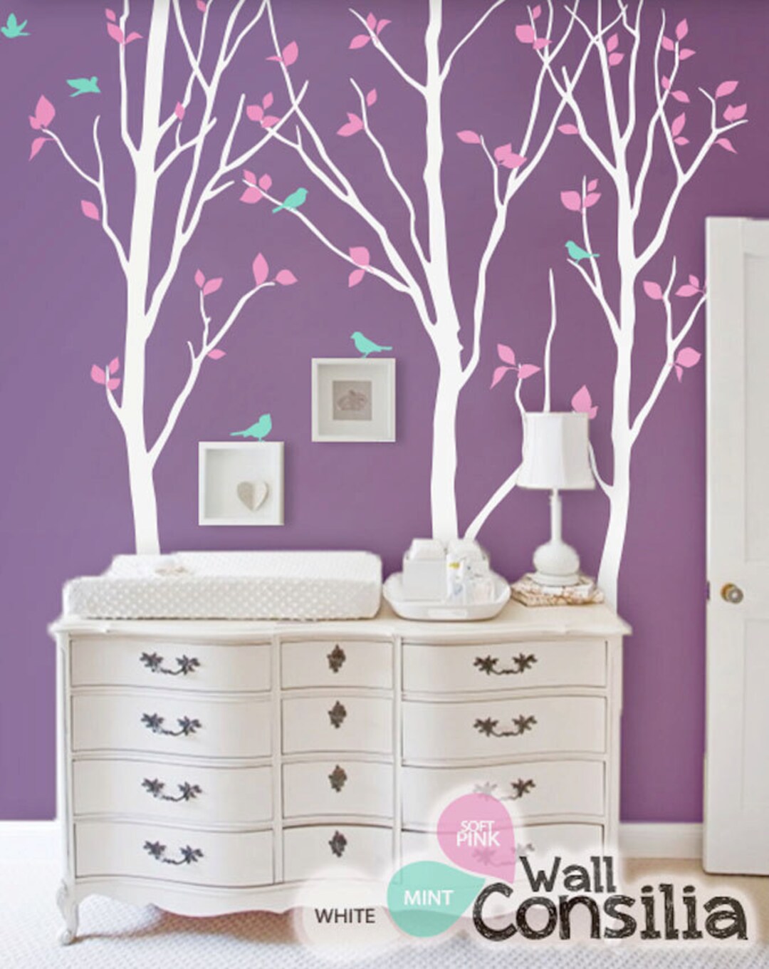 White Tree Wall Decal Nursery Birch Trees Sticker Kids Room Wall Mural ...