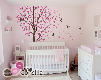 Baby Nursery Wall Decals - Cherry Blossom Tree Wall Decal - Birds Decal - Large: approx 83" x 75" - KC010