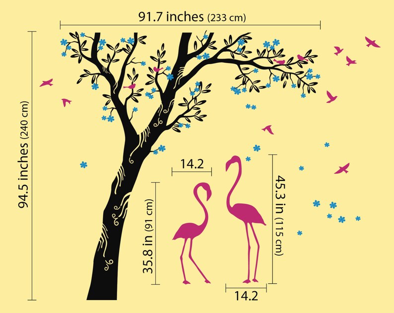 Tree Wall Decal Flamingo under the Tree Wall Sticker Large Tree decal Size approx 95 x 92 KC044 image 2