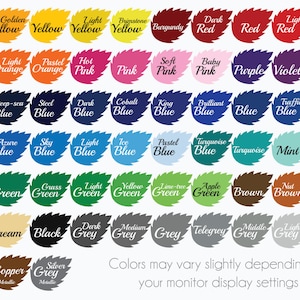 May include: A chart of colour names with leaf-shaped icons. The colours include signal yellow, golden yellow, light yellow, bripstone yellow, burgundy, dark red, red, light red, orange red, orange, light orange, pastel orange, hot pink, pink, soft pink, baby pink, purple, violet, lavender, lilac, deep-sea blue, steel blue, dark blue, cobalt blue, king blue, brilliant blue, blue, traffic blue, gentian blue, gentian blue, azure blue, sky blue, light blue, ice blue, pastel blue, turquoise blue, turquoise blue, mint, dark green, forest green, green, grass green, light green, yellow green, lime-tree green, apple green, brown, nut brown, light brown, beige, cream, black, dark grey, medium grey, grey, telegrey, middle grey, light grey, white, gold metallic, copper metallic, silver metallic.
