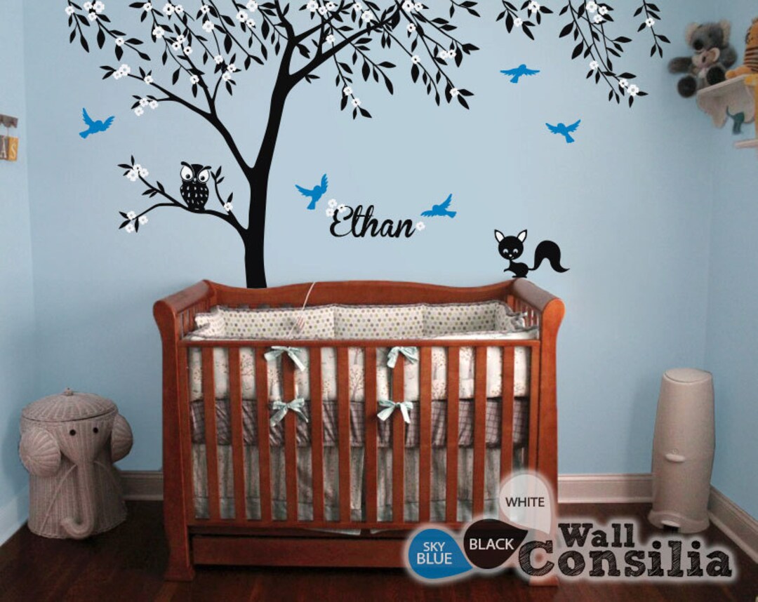 Large Tree Wall Decal: Nursery Mural Art With Owl, Fox, and Blossoms - Etsy