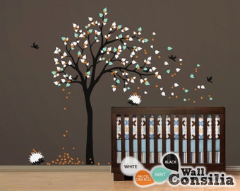 Baby Nursery Wall Decals - Tree Wall Decal - Hedgehog Decal - Large: approx 83" x 60" - KC015