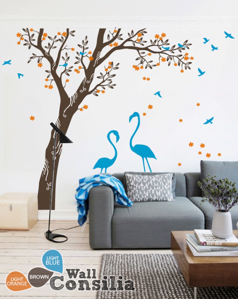 Tree Wall Decal Flamingo under the Tree Wall Sticker Large Tree decal Size approx 95 x 92 KC044 image 1