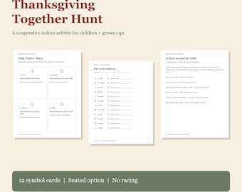 Thanksgiving Scavenger Hunt Printable, Cooperative Family Activity with 12 Symbol Cards, Seated Option, Letter and A4 PDF