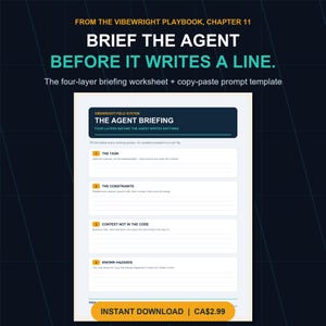 May include: A four-layer briefing worksheet titled The Agent Briefing from the Vibewright Playbook. The document includes sections for The Task, The Constraints, Context Not In The Code, and Known Hazards, designed as a copy-paste prompt template.