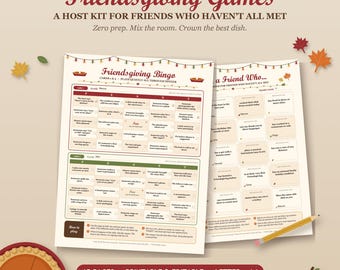 Friendsgiving Games Printable & Editable Host Kit, Bingo, Icebreaker, Potluck Sign Up and Awards for Friend Groups