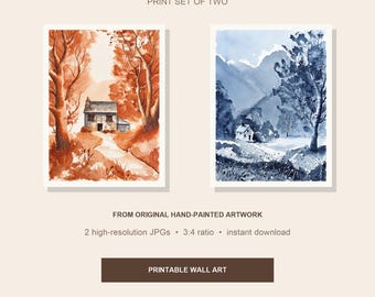 Juego de láminas con diseño de cabaña en acuarela, arte mural de otoño e invierno (descarga digital)