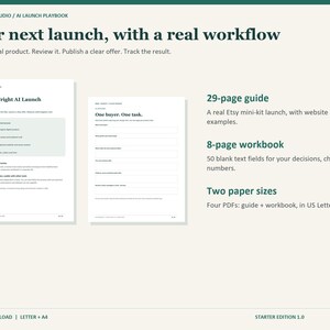 Puede incluir: Un conjunto de productos digitales titulado The VibeWright AI Launch Playbook, que incluye una guía de 29 páginas y un libro de trabajo de 8 páginas con 50 campos de texto en blanco. Los documentos se proporcionan en tamaños US Letter y A4.