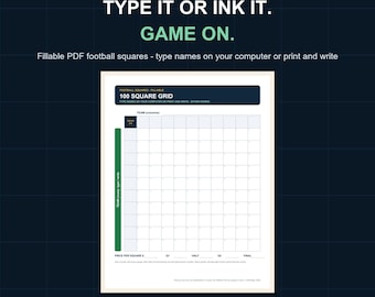 Football Squares Printable | Fillable PDF 100 Square Grid | Type Names On Computer | Football Pool Sheet Game Day | Instant Download
