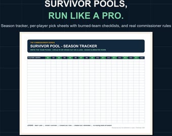 Survivor Pool Tracker Printable | Football Elimination Pool Template | Season Spreadsheet and Pick Sheets | Commissioner Rules