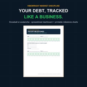 May include: A printable debt payoff milestone chart featuring the text VIBEWRIGHT MARKET DISCIPLINE, YOUR DEBT, TRACKED LIKE A BUSINESS, and PAYOFF MILESTONES. The document includes rows of green outlined boxes for tracking progress and milestone reward lines.