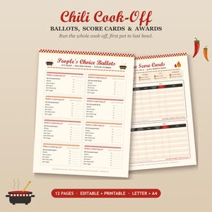 May include: A set of Chili Cook-Off ballots, score cards, and awards printed on paper. The documents feature red and white checkered borders, chili pepper illustrations, and text including People's Choice Ballots and Score Cards for judging.