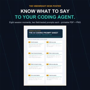 May include: A desk poster titled The Vibewright Desk Poster: Know What To Say To Your Coding Agent. It features The AI Coding Prompt Sheet with eight numbered session moments, each containing two field-tested prompts in a printable PDF and PNG format.