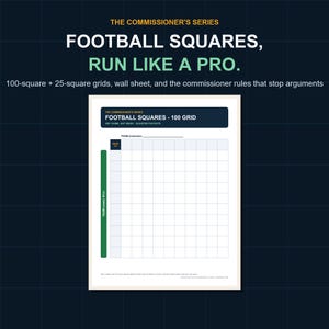May include: A white paper sheet titled THE COMMISSIONER'S SERIES FOOTBALL SQUARES - 100 GRID. The document features a large grid for tracking team scores, with designated areas for team names in rows and columns, plus printed rules for game play.
