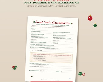 Secret Santa Questionnaire Printable & Editable | Coworker Office Gift Exchange Kit | Type On Computer + Print | White Elephant Rules