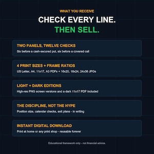 May include: A dark blue digital informational graphic with yellow and green text reading WHAT YOU RECEIVE, CHECK EVERY LINE. THEN SELL. It lists product details including two panels, twelve checks, four print sizes, light and dark editions, and instant digital download.