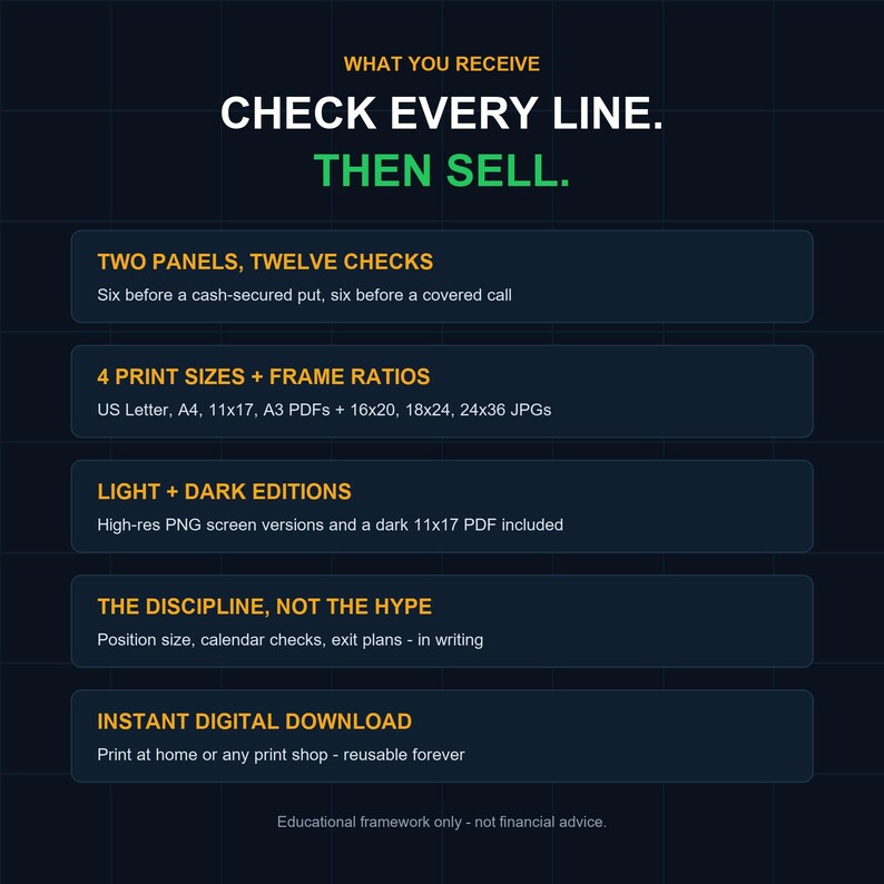 May include: A dark blue digital informational graphic with yellow and green text reading WHAT YOU RECEIVE, CHECK EVERY LINE. THEN SELL. It lists product details including two panels, twelve checks, four print sizes, light and dark editions, and instant digital download.