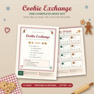 May include: A printable Cookie Exchange host kit featuring an invitation template and cookie ID cards. The documents include red text, gingerbread man icons, and snowflake graphics on a light background, designed for organizing a cookie swap event.
