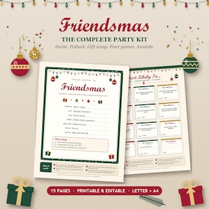 May include: A Friendsmas party kit featuring printable invitation and game templates. The documents include text such as Friendsmas, The Complete Party Kit, and Most Likely To, decorated with red and green ornaments and festive string lights.