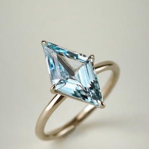 Lab Grown Blue Kite Aquamarine Ring, Sterling Silver Solitaire Promise Dainty Engagement