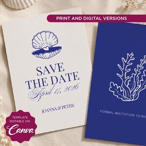 May include: Two rectangular cards featuring blue ink designs. The left card is white with a blue seashell illustration, the text "SAVE THE DATE", "April 17, 2026", and "JOANNA & PETER". The right card is blue with a white coral illustration and text.