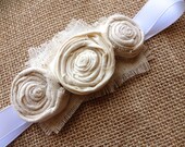 Vintage Fabric Rose Adjustable Baby - Toddler - Kid Headband with Natural Tones - White, Beige, Cream, Canvas