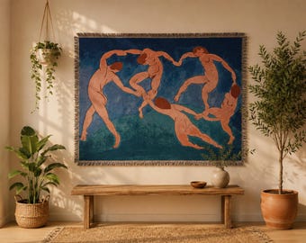 Blue Dancing Figures Jacquard Woven Tapestry, Modernist Boho Textile Art, Throw Blanket