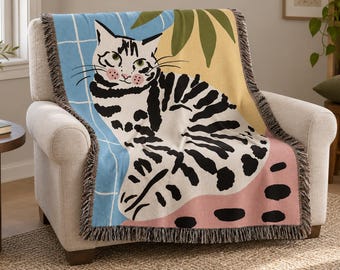 Tapiz de pared tejido con diseño de gato, manta jacquard colorida con diseño de hojas.