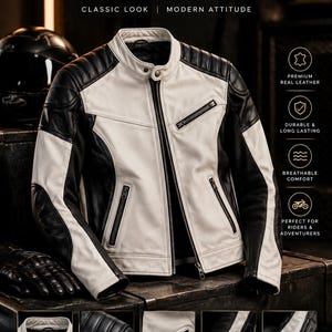 Herren-Bikerjacke aus weißem und schwarzem Rindsleder, Cafe-Racer-Motorradjacke, mit individuellem Namensaufnäher