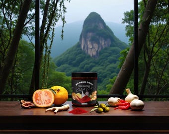 May include: A jar of No Harm Done Yuzu Shiitake Chili Oil with a black lid and label. The label features images of yuzu, garlic, ginger, and chili. Surrounding the jar are fresh yuzu, garlic bulbs, ginger root, red chili peppers, and green olives.