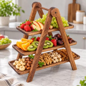 Può includere: Un espositore a tre livelli in legno con struttura a forma di A. Il livello superiore contiene fragole, fette di mela e uva verde. Il livello centrale presenta fette di arancia, kiwi, fragole e datteri. Il livello inferiore contiene anacardi, mandorle, noci, pistacchi e uvetta.