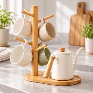 May include: A bamboo mug tree stand with four ceramic mugs in speckled white, beige, and sage green, accompanied by a white gooseneck kettle featuring a wooden handle and lid knob, all arranged on an oval bamboo base tray.
