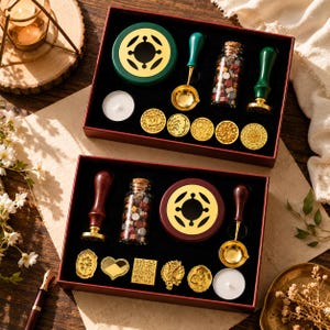 May include: Two rectangular gift boxes containing wax seal kits. Each set includes a metal melting stove, a wooden-handled melting spoon, a glass bottle of multi-colored wax beads, a wax seal stamp, a tea light candle, and several brass seal heads.