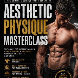 Könnte beinhalten: Ein Buchcover mit dem Titel Aesthetic Physique Masterclass und einer muskulösen Person. Der Text umfasst The Complete Science-Based Blueprint, The Complete System to Build a Lean, Strong & Aesthetic Physique That Lasts a Lifetime und von Touqeer Zaheer.