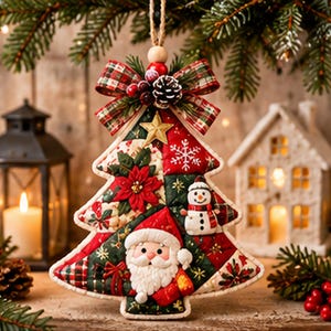 Patron de décoration de sapin de Noël matelassé | Patron de couture PDF pour sapin de Noël en tissu | Sapin patchwork avec nœud | Décoration de Noël champêtre à faire soi-même