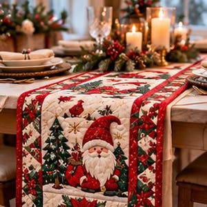 Op de afbeelding: Een gewatteerde tafelloper met een centrale kerstmanfiguur in een rood pak en muts, omringd door groene dennenbomen, rode kerststerren en kleine rode vogels op een crèmekleurige achtergrond met rode randen met een patroon.