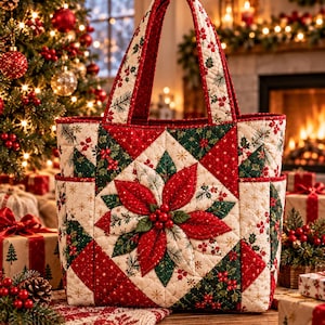 May include: A quilted tote bag featuring a central red and green poinsettia appliqué. The fabric displays a festive pattern of holly leaves, berries, and gold snowflakes on a cream background. It has two sturdy handles and side pockets.