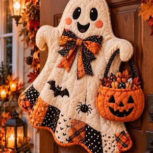 Patron de décoration de porte fantôme d'Halloween matelassée, fantôme avec seau à bonbons citrouille, décoration de porte patchwork pour Halloween, patron de couture PDF à faire soi-même