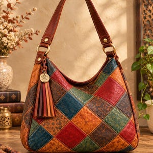 May include: A hobo-style handbag featuring a multi-colored patchwork design with diamond-shaped panels in shades of red, orange, blue, and green. The bag includes a brown leather handle, brass-toned hardware, and a hanging leather tassel charm.