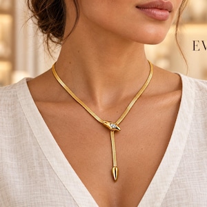 Snake Y Necklace, Flat Chain Lariat Style Necklace, Serpent Drop Pendant, Minimalist Jewelry, Gift for Her