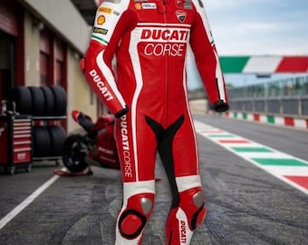 Men's Ducati Corse Red Leather Motorcycle Racing Suit | One Piece MotoGP Biker Gear