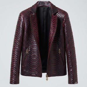 Men's Burgundy Snakeskin Leather Jacket | Gothic Python Textured Coat