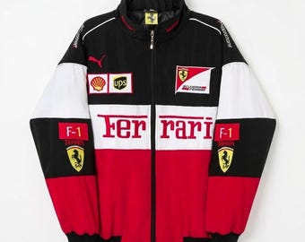 Ferrari Rennjacke F1, Vintage-Style, bestickte Motorsport-Bomberjacke, rot-weiß, Unisex, Y2K Streetwear