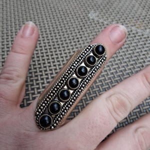 Statement Ring Multiple Round Black Onyx Cabochon Stones Silver Tone Adjustable Ring