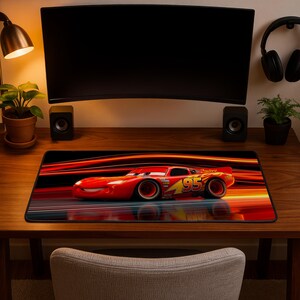 Lightning McQueen Gaming Mouse Pad, Cars Racing Desk Mat, Red Race Car Cartoon Mousepad, Radiator Springs XXL Desk Mat, Gamer Decor