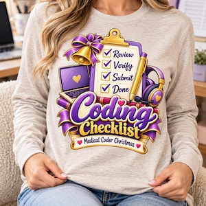 Puede incluir: Una camiseta de manga larga en gris jaspeado claro con un gráfico de un portapapeles con una lista de verificación que dice Review, Verify, Submit y Done. El diseño incluye una campana dorada, un portátil, un bolígrafo, auriculares y el texto Coding Checklist Medical Coder Christmas.