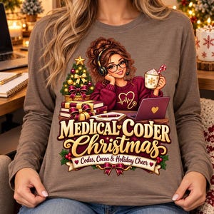 Puede incluir: Una camiseta de manga larga marrón con un gráfico de una persona con auriculares, un portátil, un árbol de Navidad y una taza. El texto dice "MEDICAL CODER Christmas" y "Codes, Cocoa & Holiday Cheer" con un icono de estetoscopio.