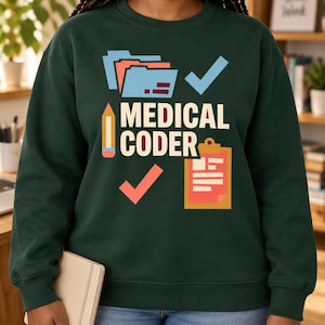 Pode incluir: Uma camisola de gola redonda verde-escura com uma impressão gráfica com o texto MEDICAL CODER em letras creme. O design inclui uma pasta azul, um lápis amarelo, uma prancheta vermelha e duas marcas de verificação em azul e vermelho.