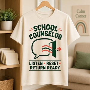 May include: A cream-coloured short-sleeve t-shirt featuring dark green text that reads SCHOOL COUNSELOR. Below the text is a graphic of a speech bubble and an open door with red and green wavy lines. The bottom text reads LISTEN RESET RETURN READY.