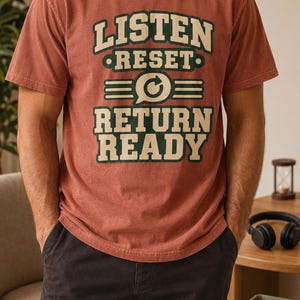 May include: A terracotta-coloured short-sleeve t-shirt featuring a graphic print in dark green and cream. The text reads LISTEN, RESET, and RETURN READY, with a central circular arrow icon enclosed in a speech bubble graphic and horizontal lines.